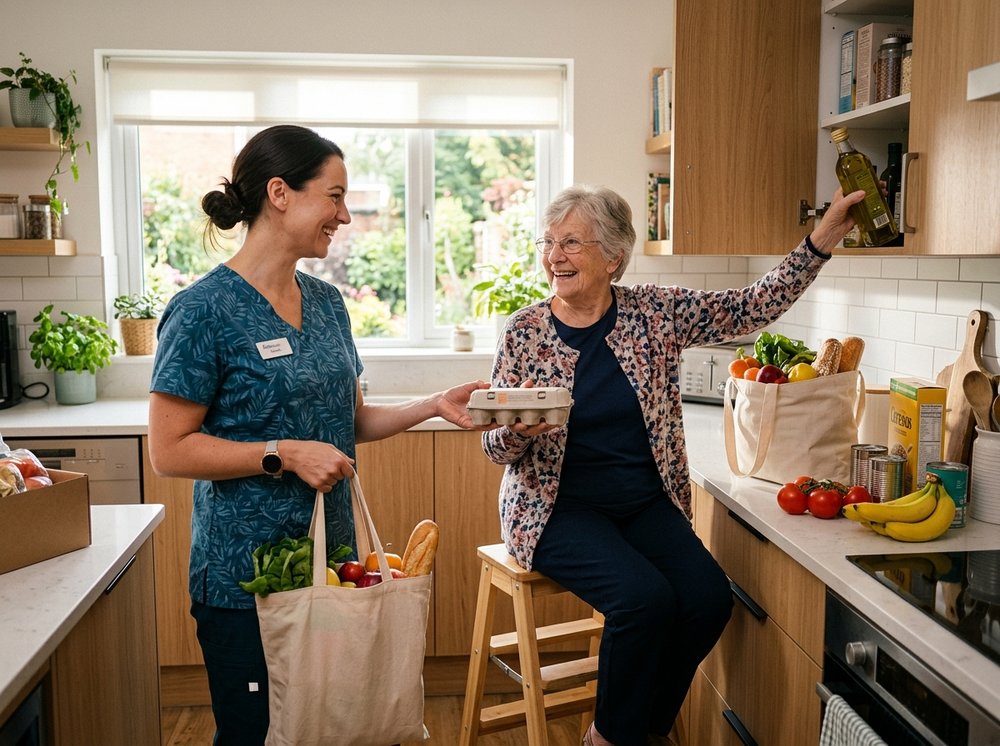 Caregiver helping senior in kitchen